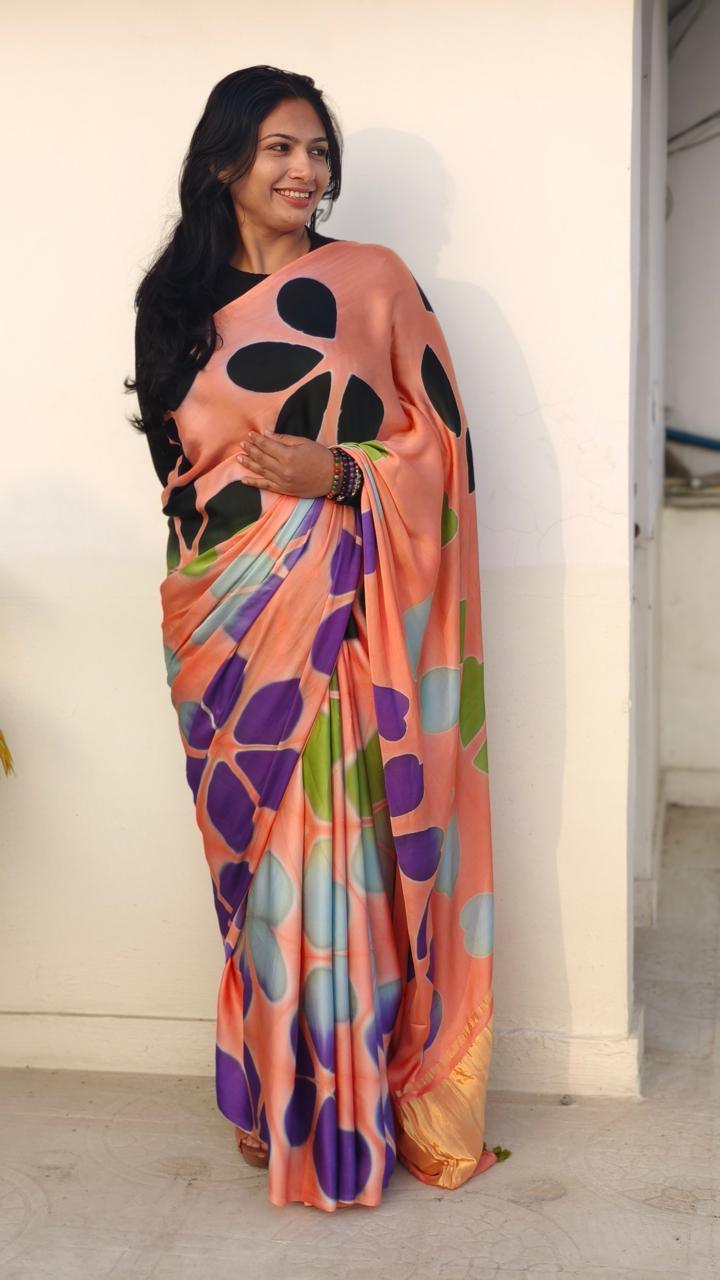 Peach - Clamp Dyed Modal Silk Saree - Vasaka Jaipur