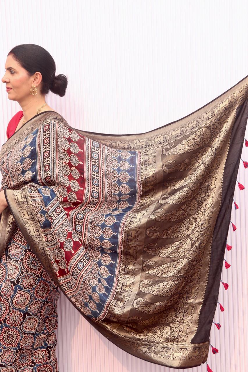 Black- Designer Ajrakh Handblock Premium Dola Silk Saree - Vasaka Jaipur