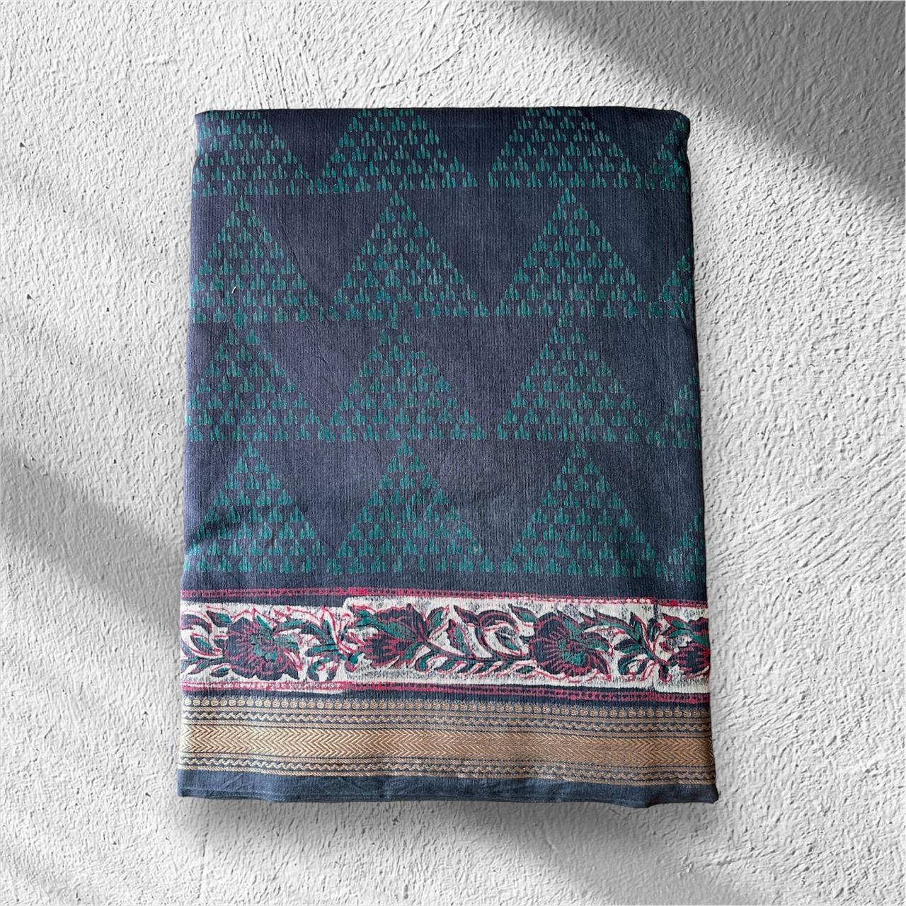 Gray - Handblock Maheshwari Silk Saree - Vasaka Jaipur