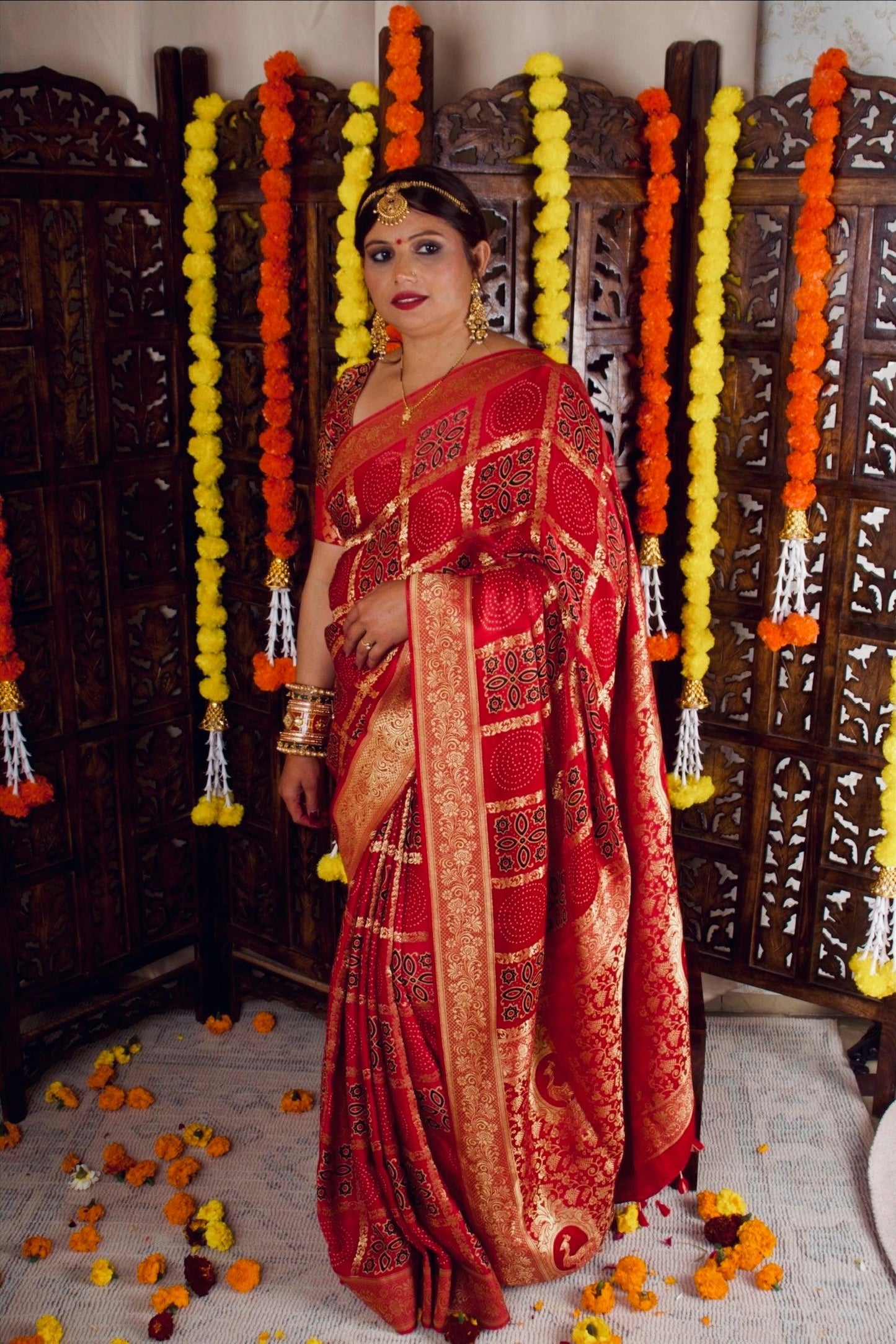 KUMUDINI - Ajrakh Gharchola Red Modal Silk Saree - Vasaka Jaipur