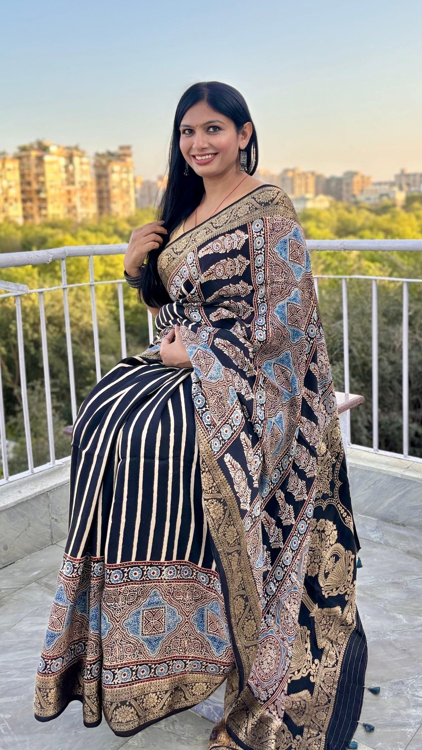 Black - Ajrakh Handblock Dola Silk Saree