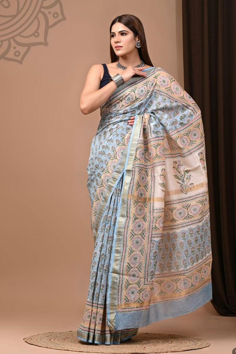 Powder Blue - Handblock Maheshwari Silk Saree
