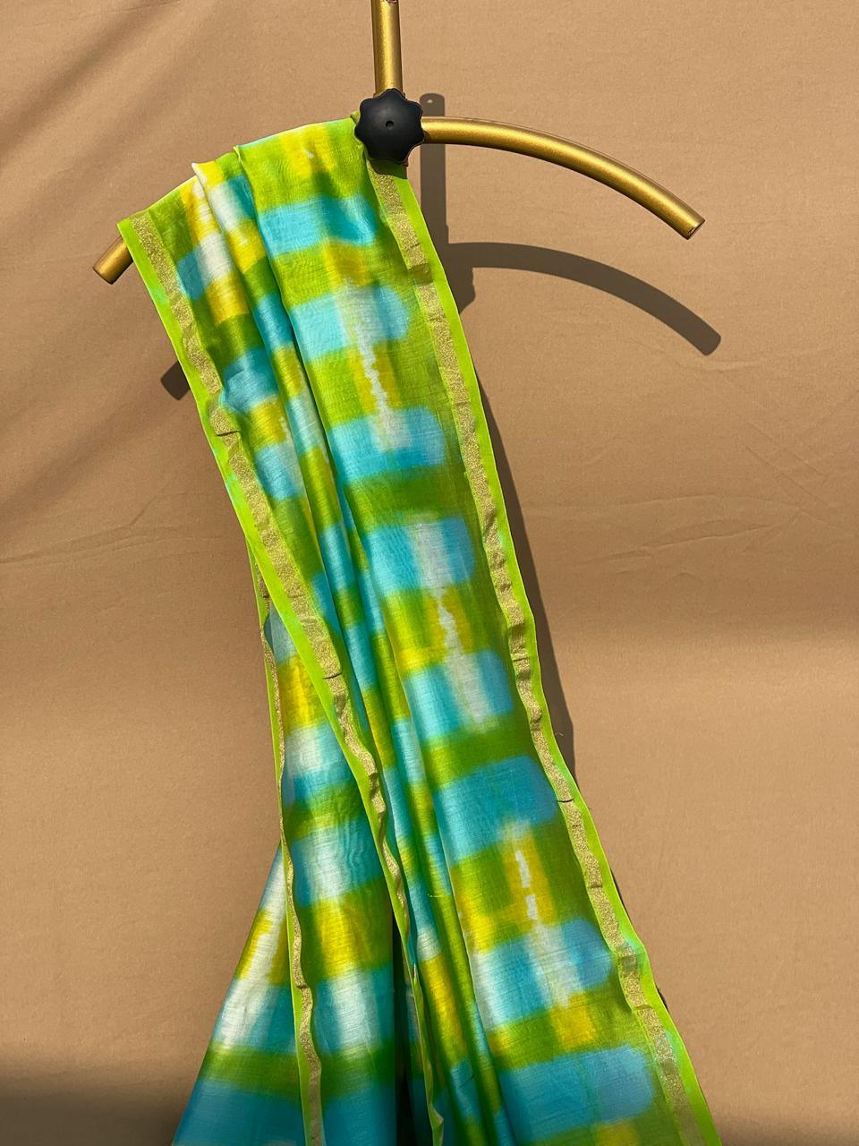 Parrot Green - Chanderi Tie-Dye Chanderi Cotsilk Saree (Half Plain- Half Clamp) - Vasaka Jaipur