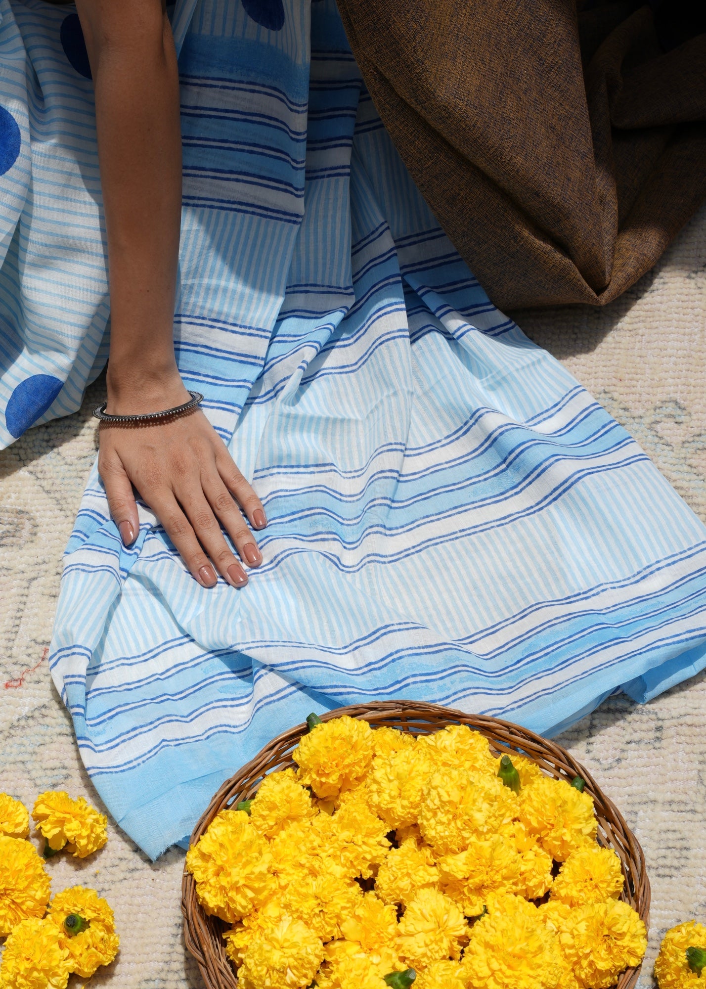 NIRALI_Heritage Hand Block Printed Pure Cotton Striped Saree