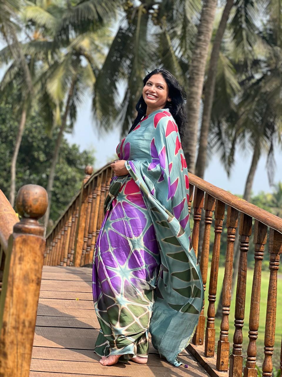 Gray Blue - Clamp Dyed Modal Silk Saree - Vasaka Jaipur