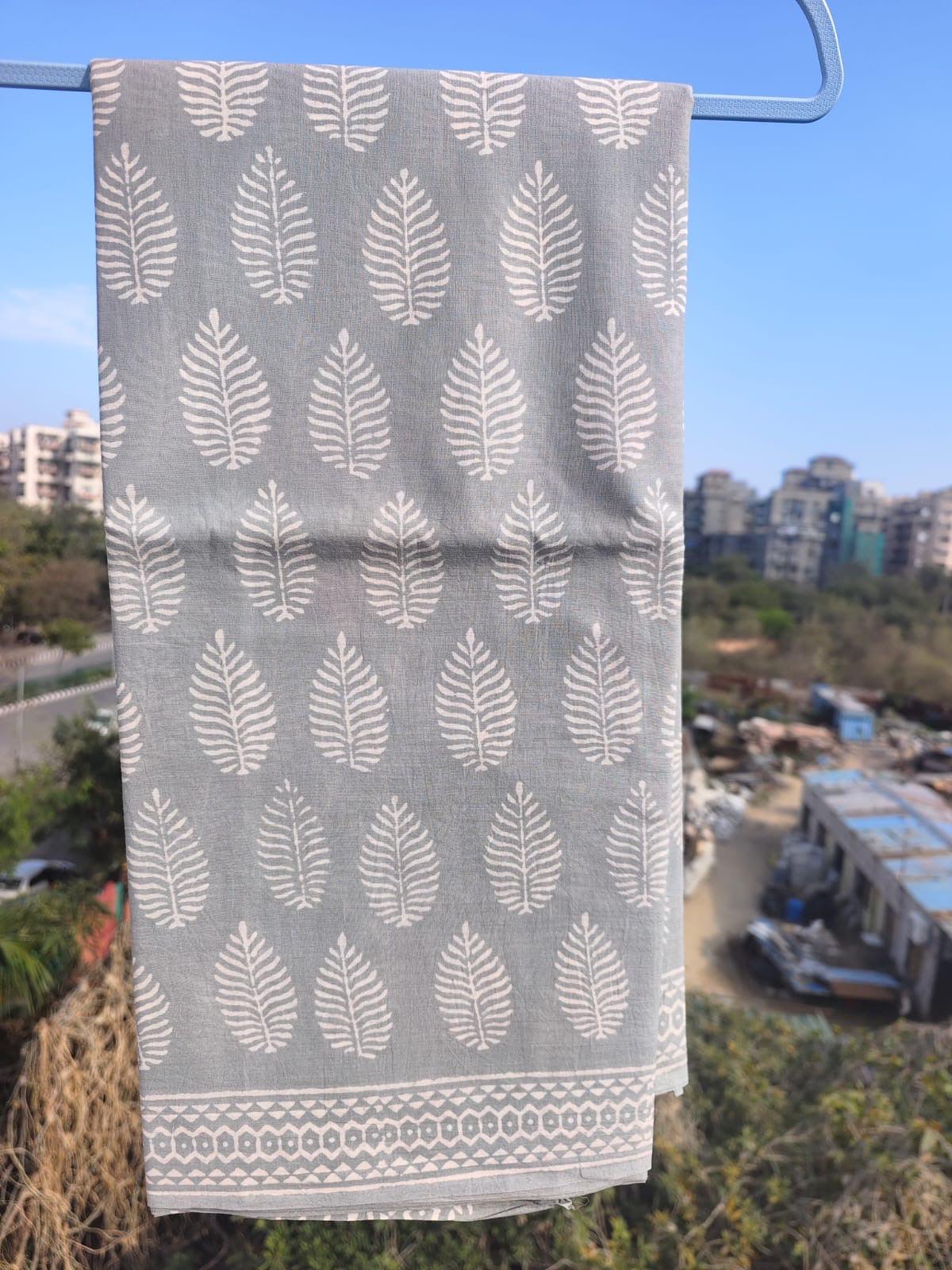 Gray Hand Block Printed Cotton Saree - Vasaka Jaipur