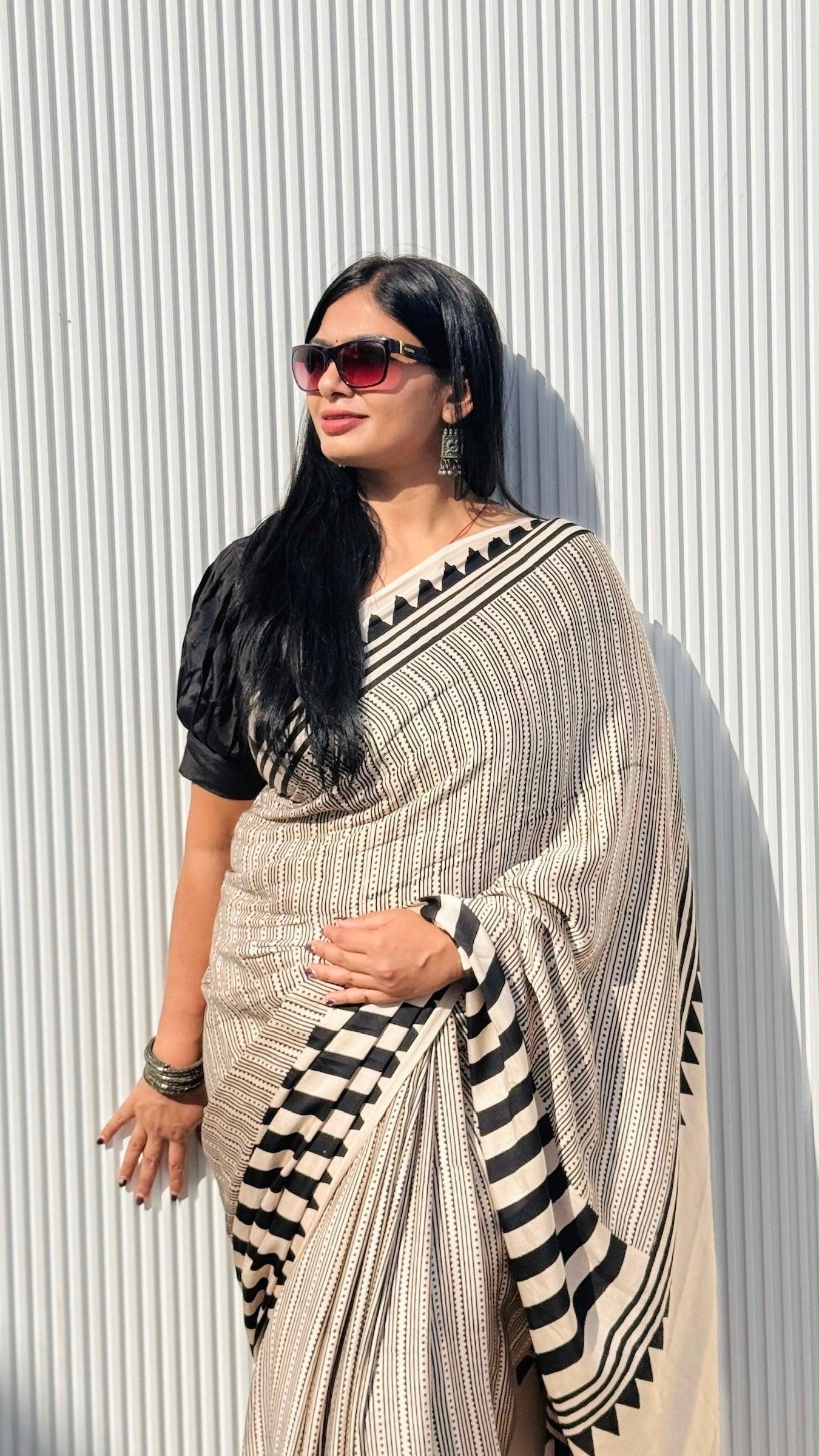 IVORY MUSE: AJRAKH HANDBLOCK MODAL SILK SAREE