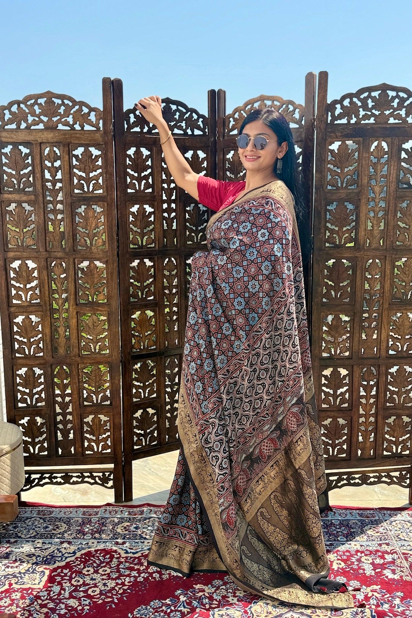 Black - Designer Ajrakh Handblock Premium Dola Silk Saree