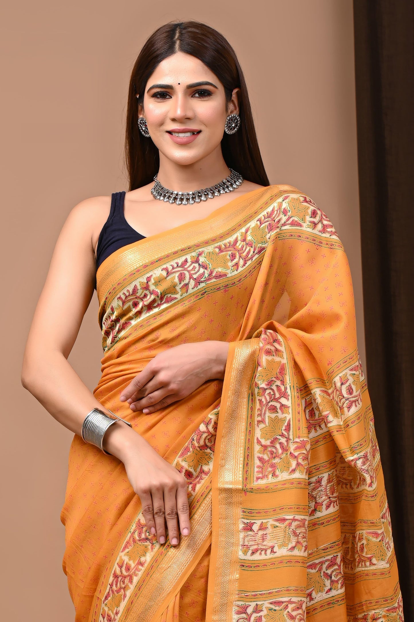 Orangish Yellow - Handblock Maheshwari Silk Saree - Vasaka Jaipur