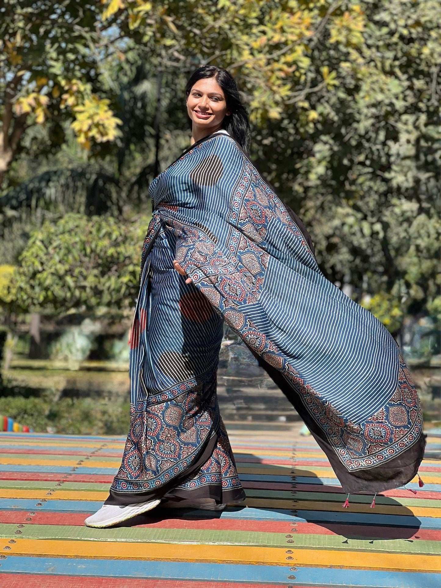 INDIRA : AJRAKH HANDBLOCK MODAL SILK SAREE - Vasaka Jaipur