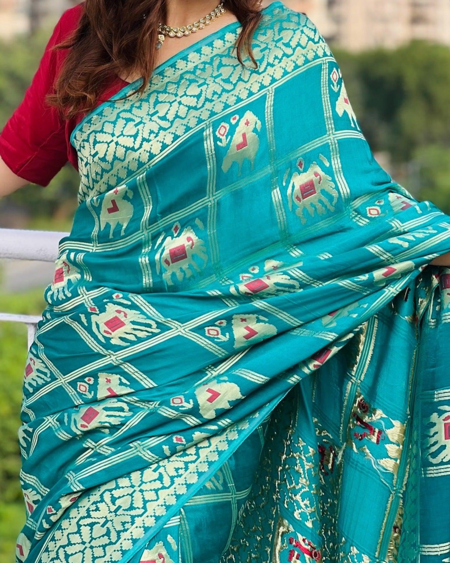 Teal Blue - Premium Modal Silk Patola Zari Weave Work Gharchola Saree - Vasaka Jaipur