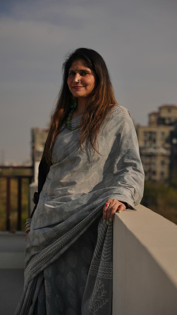Gray Hand Block Printed Cotton Saree - Vasaka Jaipur