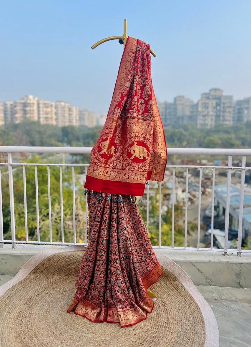 Red - Ajrakh Handblock Dola Silk Saree - Vasaka Jaipur