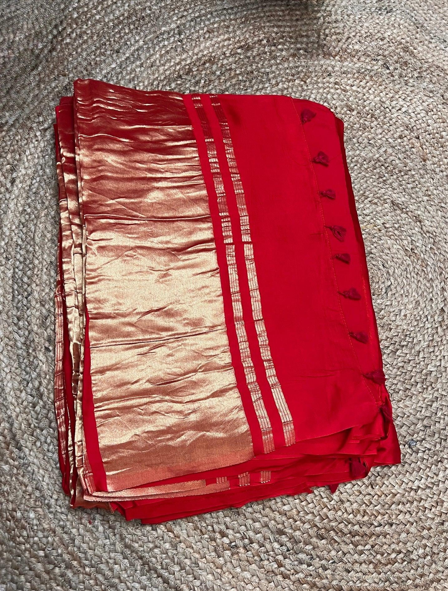 Blood Red Colour Modal Plain Saree With Tissue Pallu - Vasaka Jaipur