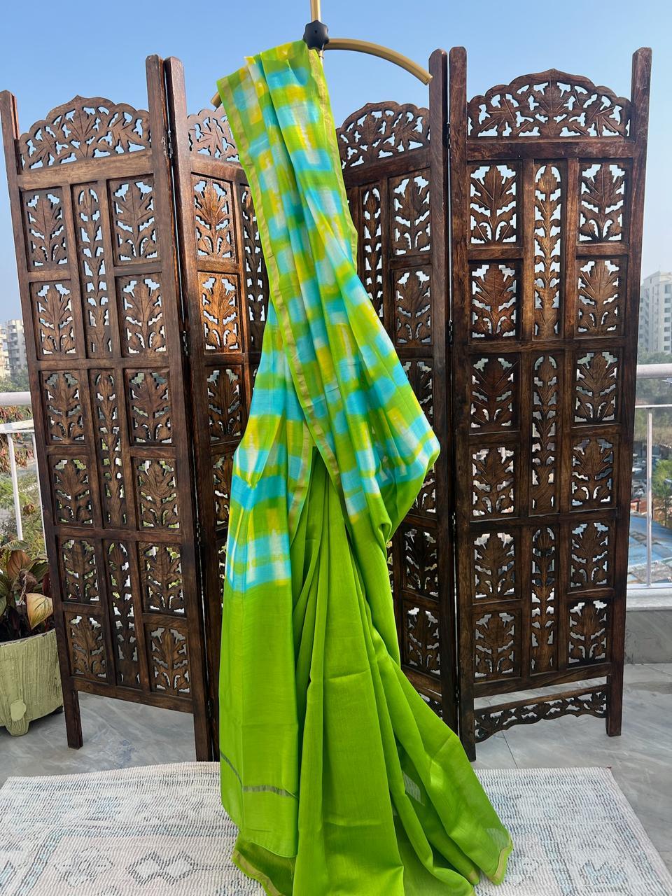 Parrot Green - Chanderi Tie-Dye Chanderi Cotsilk Saree (Half Plain- Half Clamp) - Vasaka Jaipur