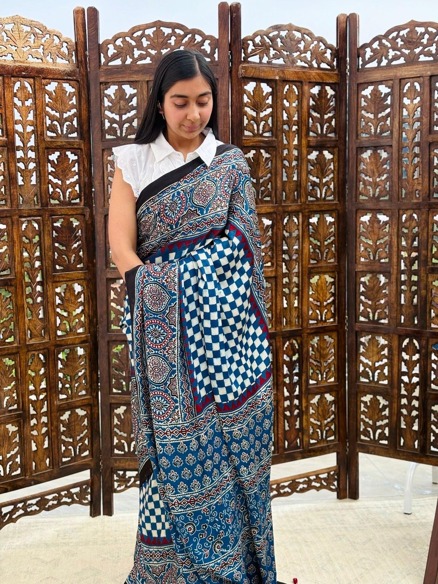 NEELIMA : AJRAKH HANDBLOCK MODAL SILK SAREE