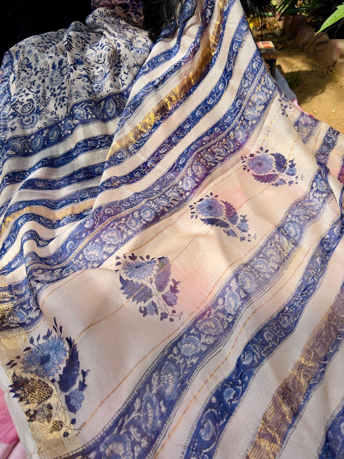 White Ink Blue-Handblock Maheshwari Silk Saree - Vasaka Jaipur