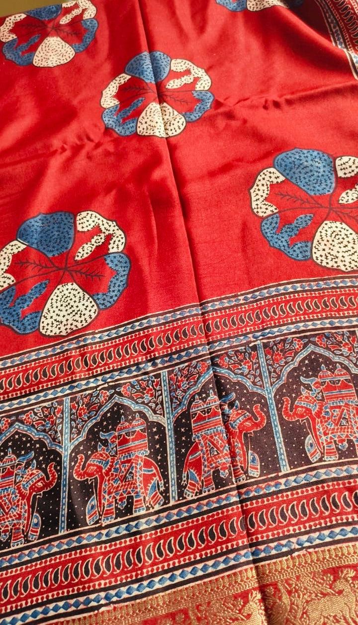 Red - Designer Ajrakh Handblock Premium Dola Silk Saree - Vasaka Jaipur