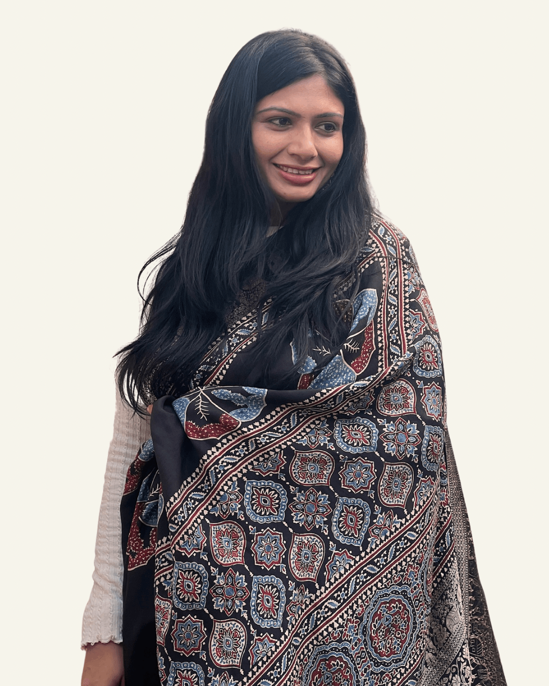 Black - Designer Ajrakh Handblock Premium Dola Silk Saree - Vasaka Jaipur