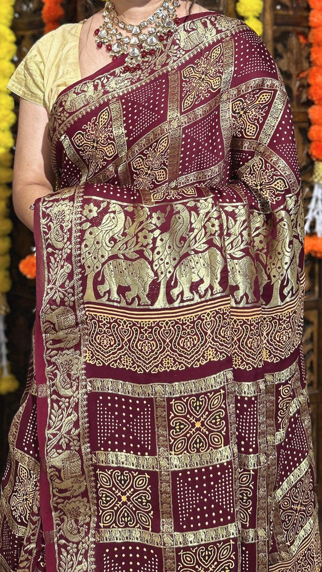 NANDINI - Ajrakh Gharchola Brownish Maroon Gajji Silk Saree - Vasaka Jaipur