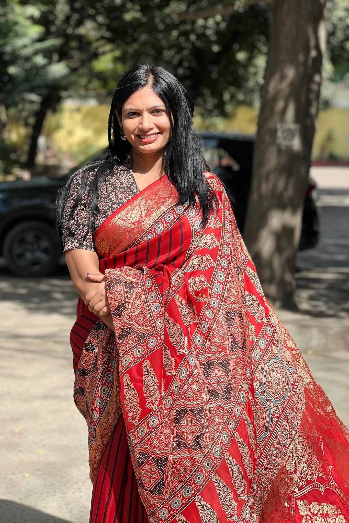 Red - Ajrakh Handblock Dola Silk Saree
