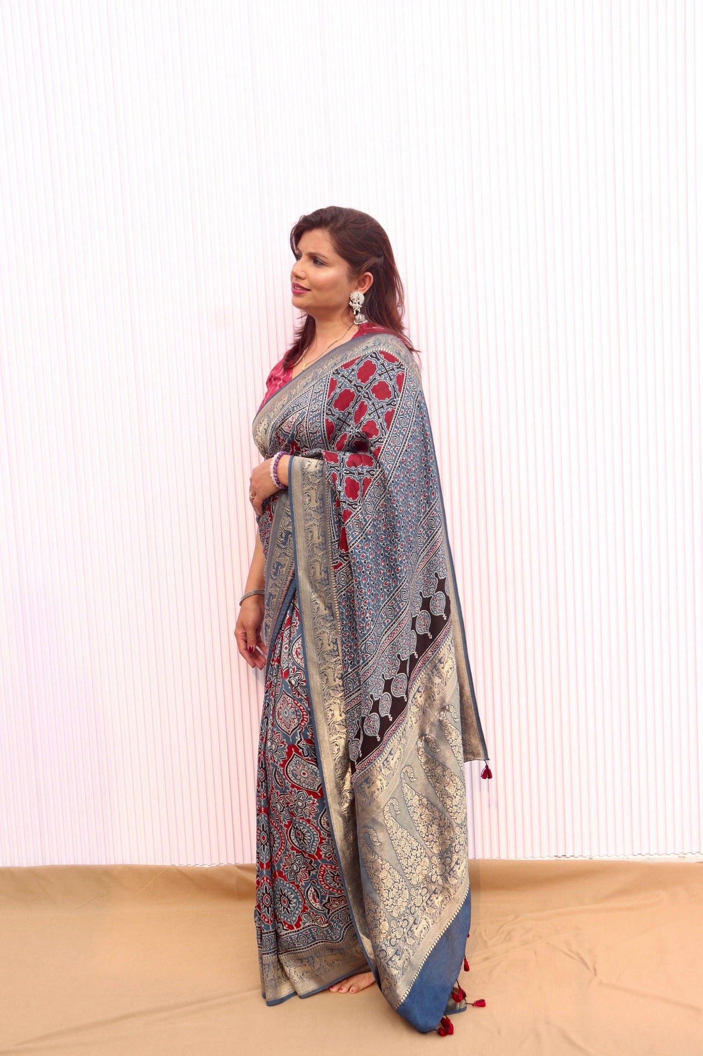 Indigo - Designer Ajrakh Handblock Premium Dola Silk Saree - Vasaka Jaipur