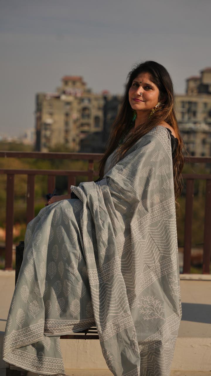 Gray Hand Block Printed Cotton Saree - Vasaka Jaipur