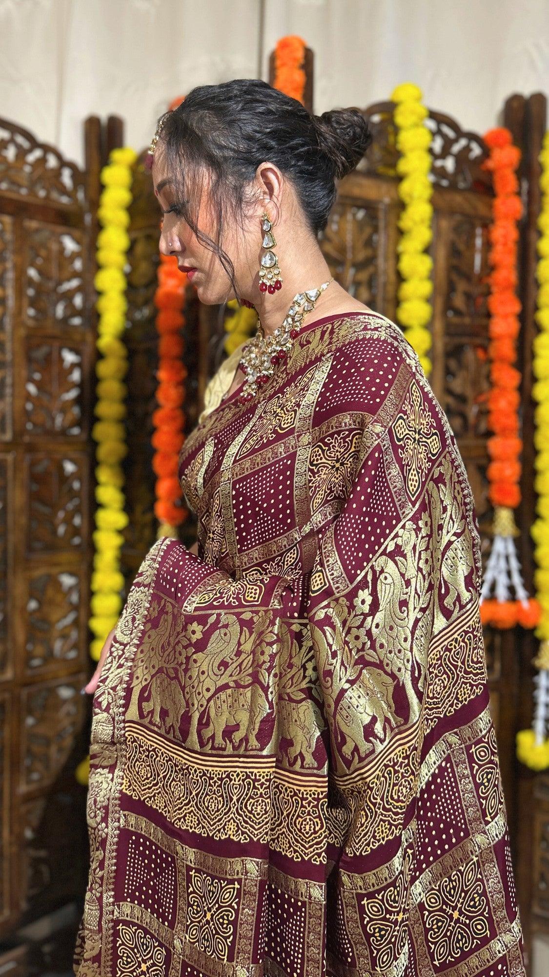 NANDINI - Ajrakh Gharchola Brownish Maroon Gajji Silk Saree - Vasaka Jaipur