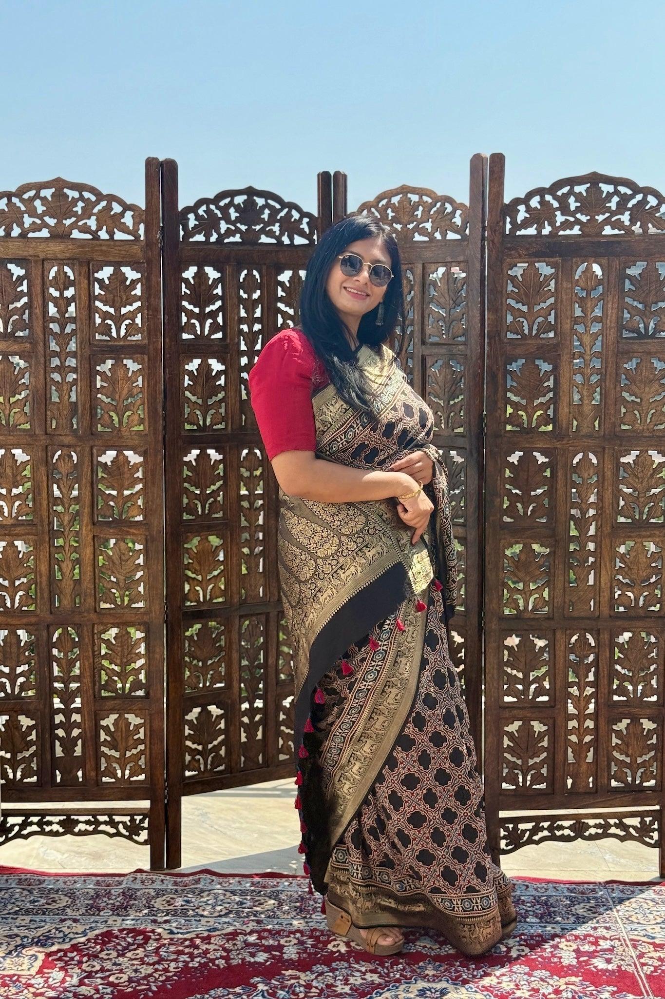 Black - Designer Ajrakh Handblock Premium Dola Silk Saree