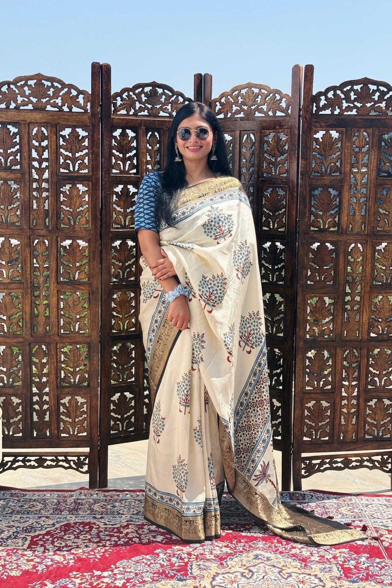 Beige - Designer Ajrakh Handblock Premium Dola Silk Saree