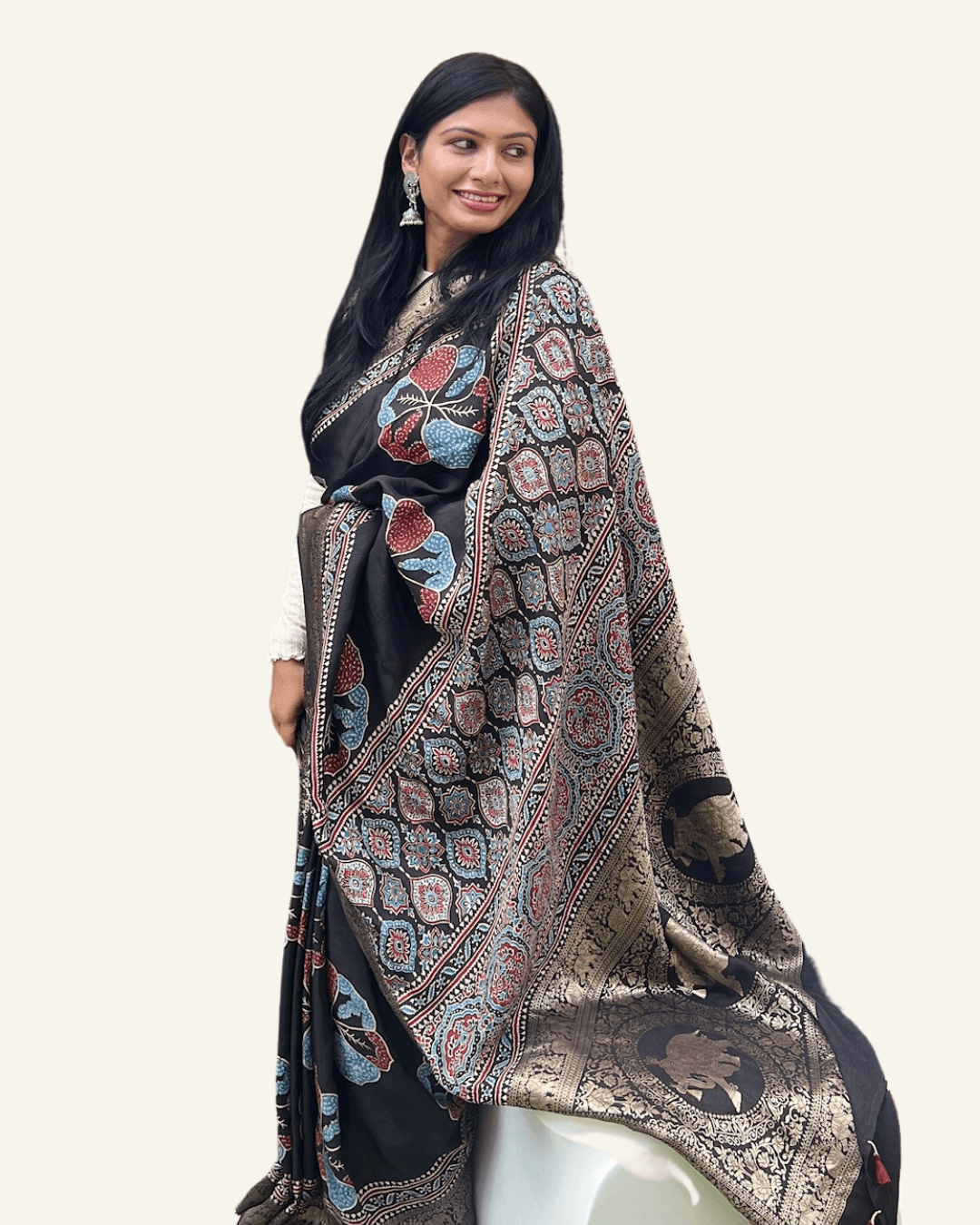 Black - Designer Ajrakh Handblock Premium Dola Silk Saree - Vasaka Jaipur
