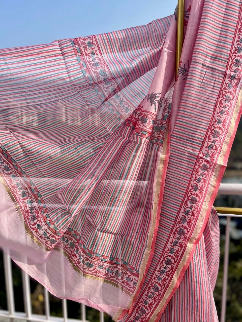 Pastel Pink Sanganer Handblock Cotton Silk Saree - Vasaka Jaipur