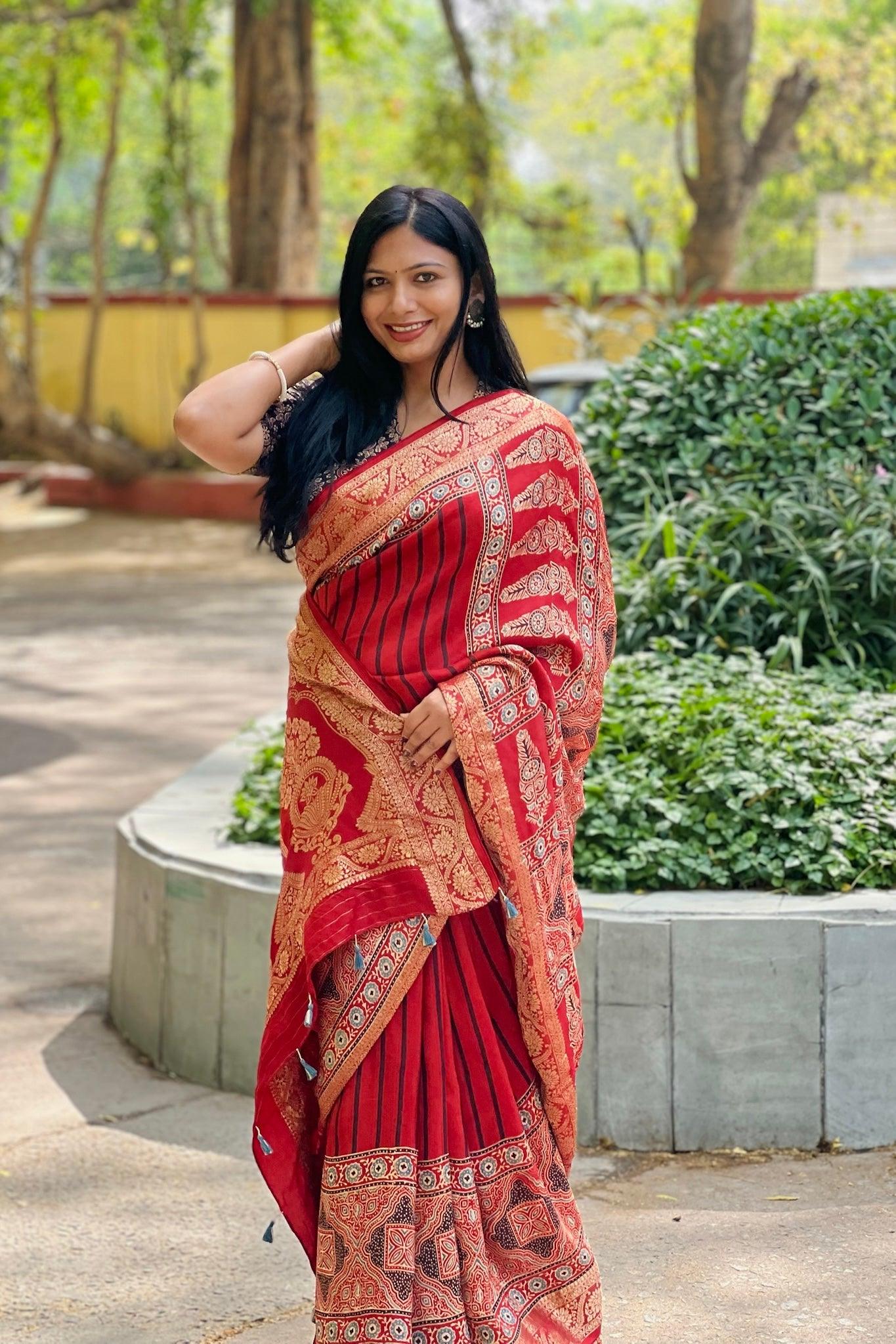 Red - Ajrakh Handblock Dola Silk Saree