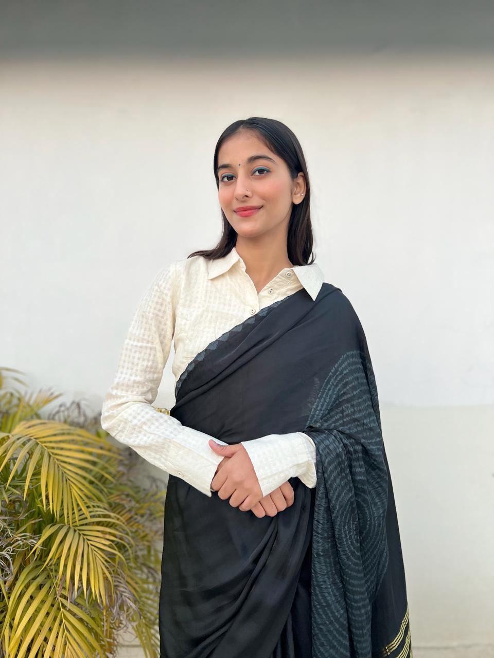 Black - Modal Saree With Kumo Shibori - Vasaka Jaipur
