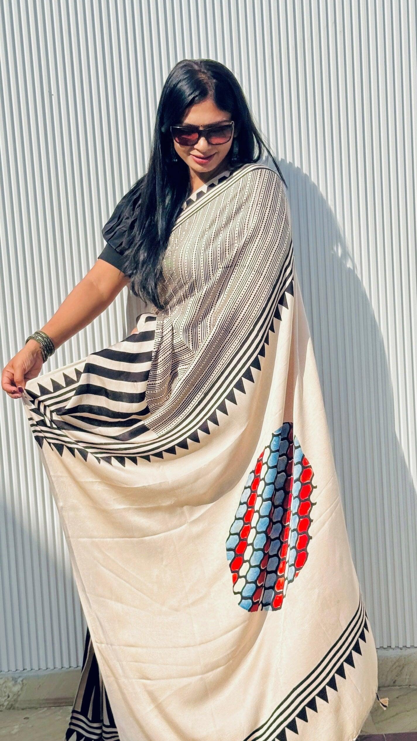 IVORY MUSE: AJRAKH HANDBLOCK MODAL SILK SAREE