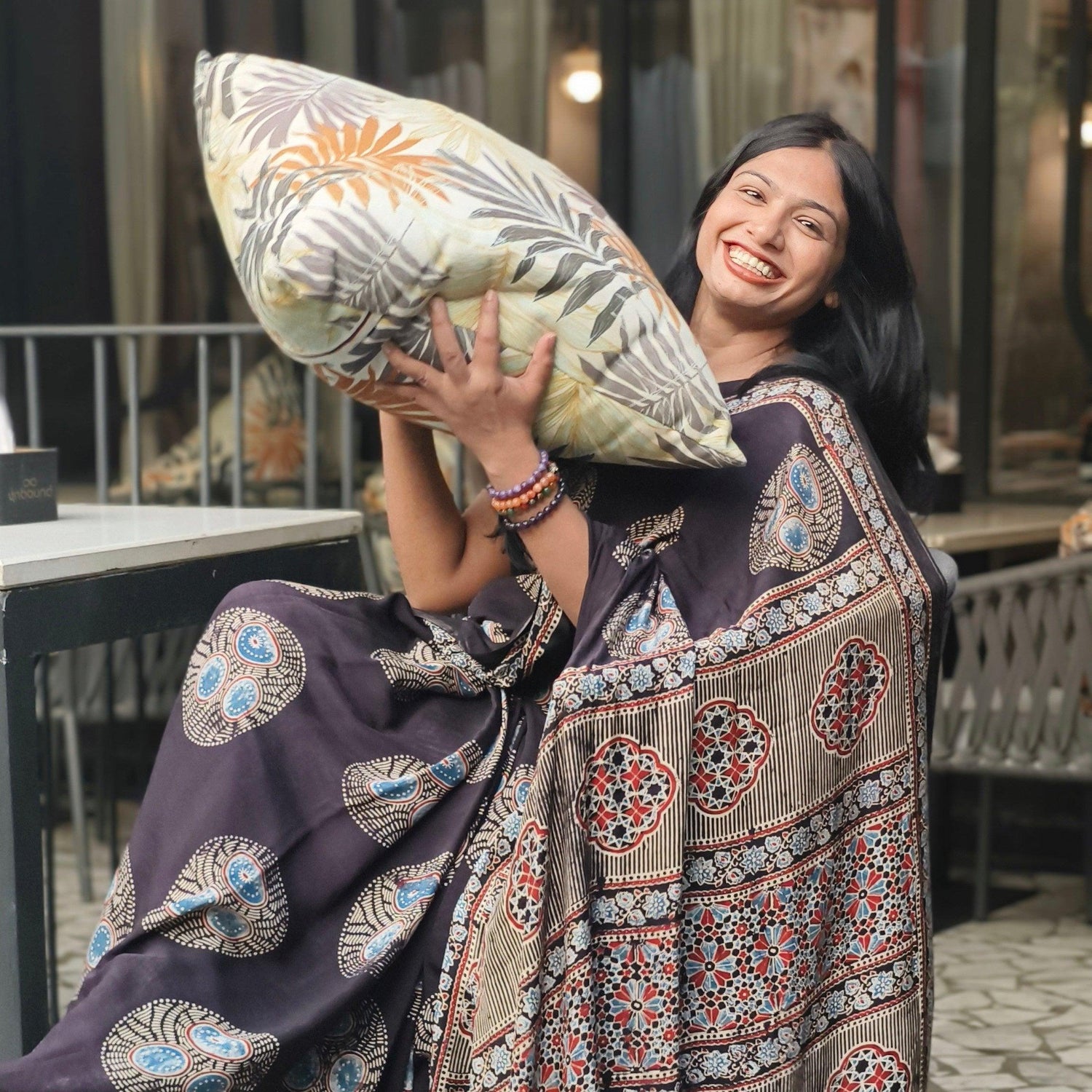 Black - Handblock printed ajrakh premium modal silk saree - Vasaka Jaipur