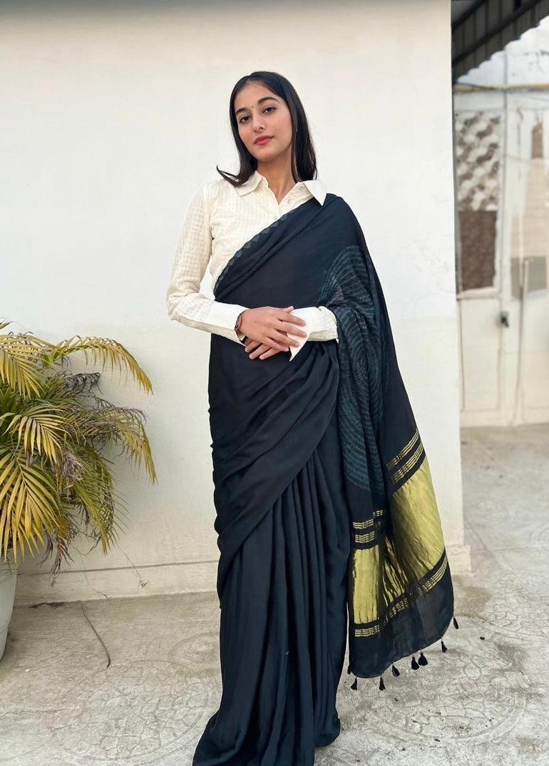 Black - Modal Saree With Kumo Shibori - Vasaka Jaipur