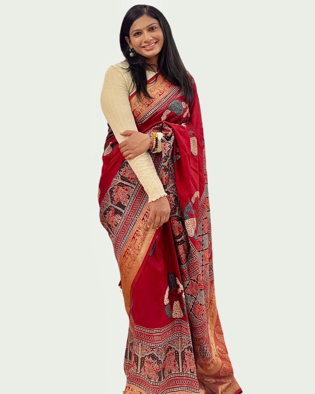 Red - Designer Ajrakh Handblock Premium Dola Silk Saree - Vasaka Jaipur