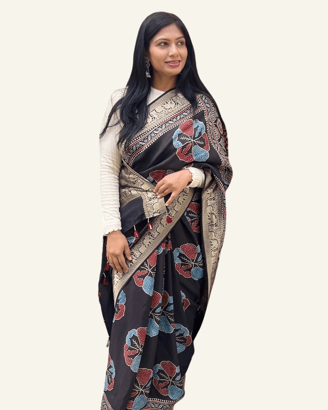 Black - Designer Ajrakh Handblock Premium Dola Silk Saree - Vasaka Jaipur
