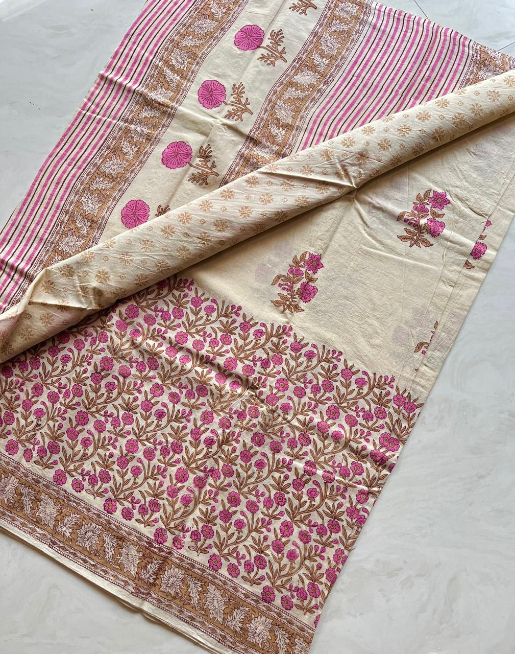 Buttercream Pink Floral Hand Block Printed Cotton Saree