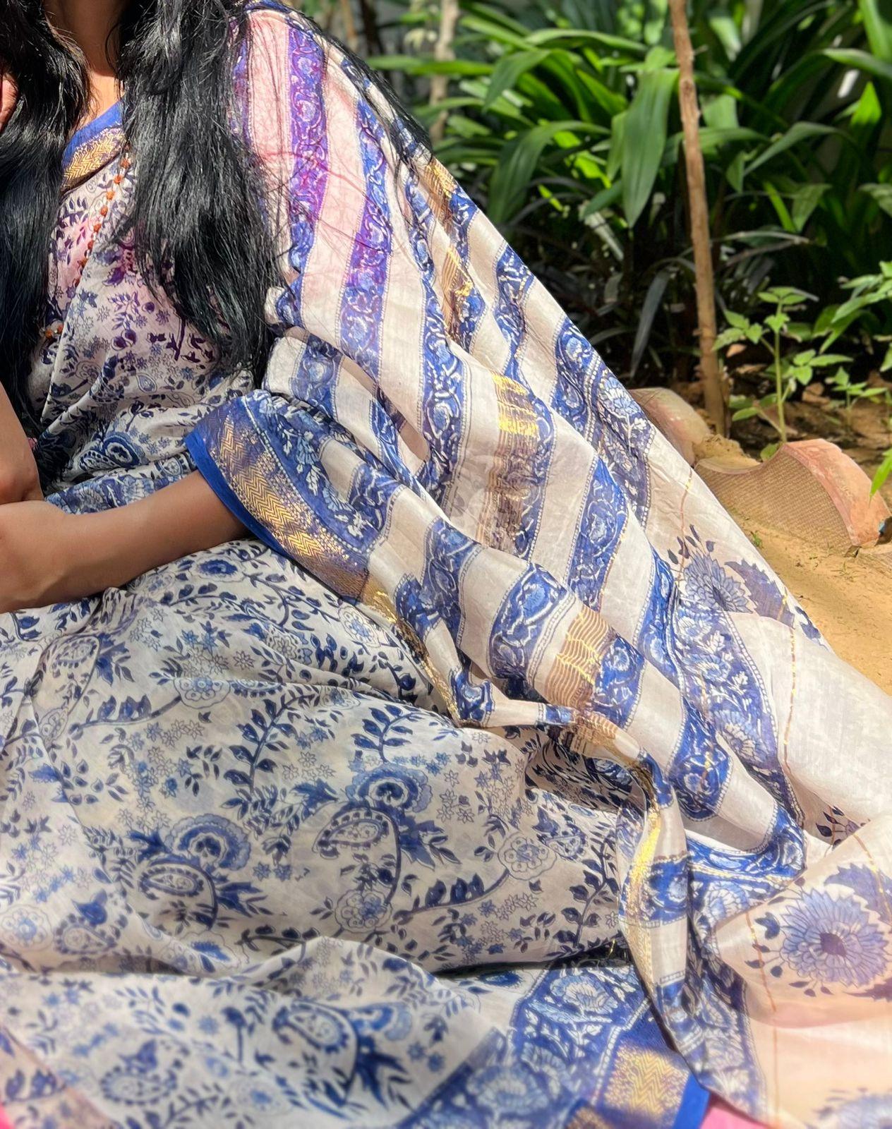 White Ink Blue-Handblock Maheshwari Silk Saree - Vasaka Jaipur