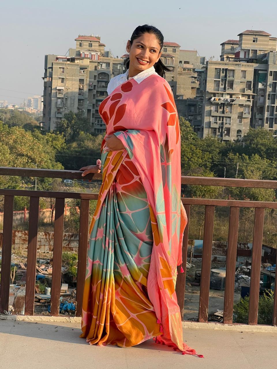 Pastel Pink - Clamp Dyed Modal Silk Saree - Vasaka Jaipur