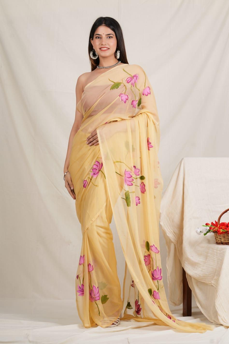 Neema - Beige Handpainted Chiffon Saree - Vasaka Jaipur