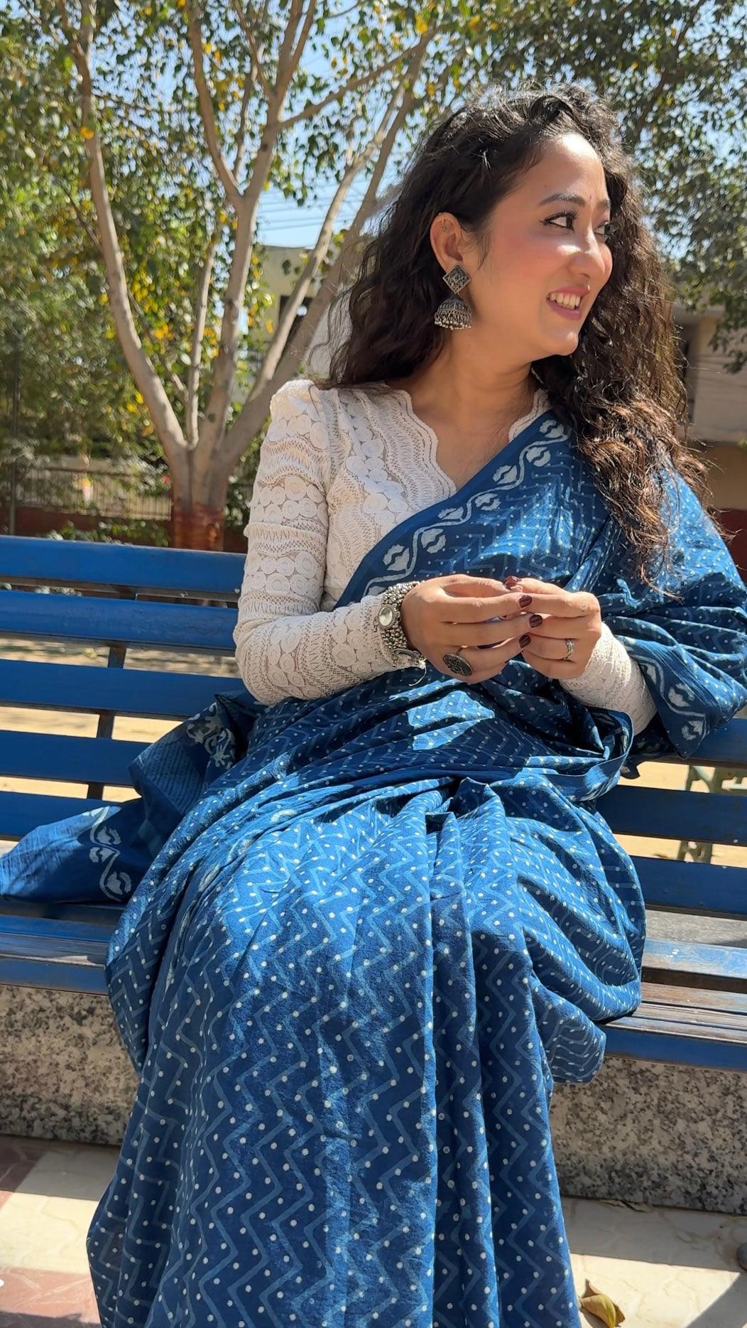 NISHKA_ Indigo Natural Dye Dabu HBP Mul Cotton Saree