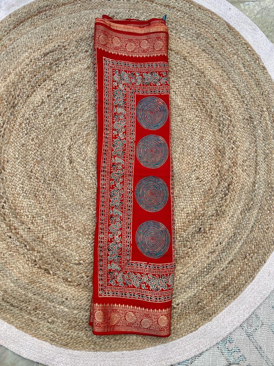 Red - Ajrakh Handblock Dola Silk Saree - Vasaka Jaipur