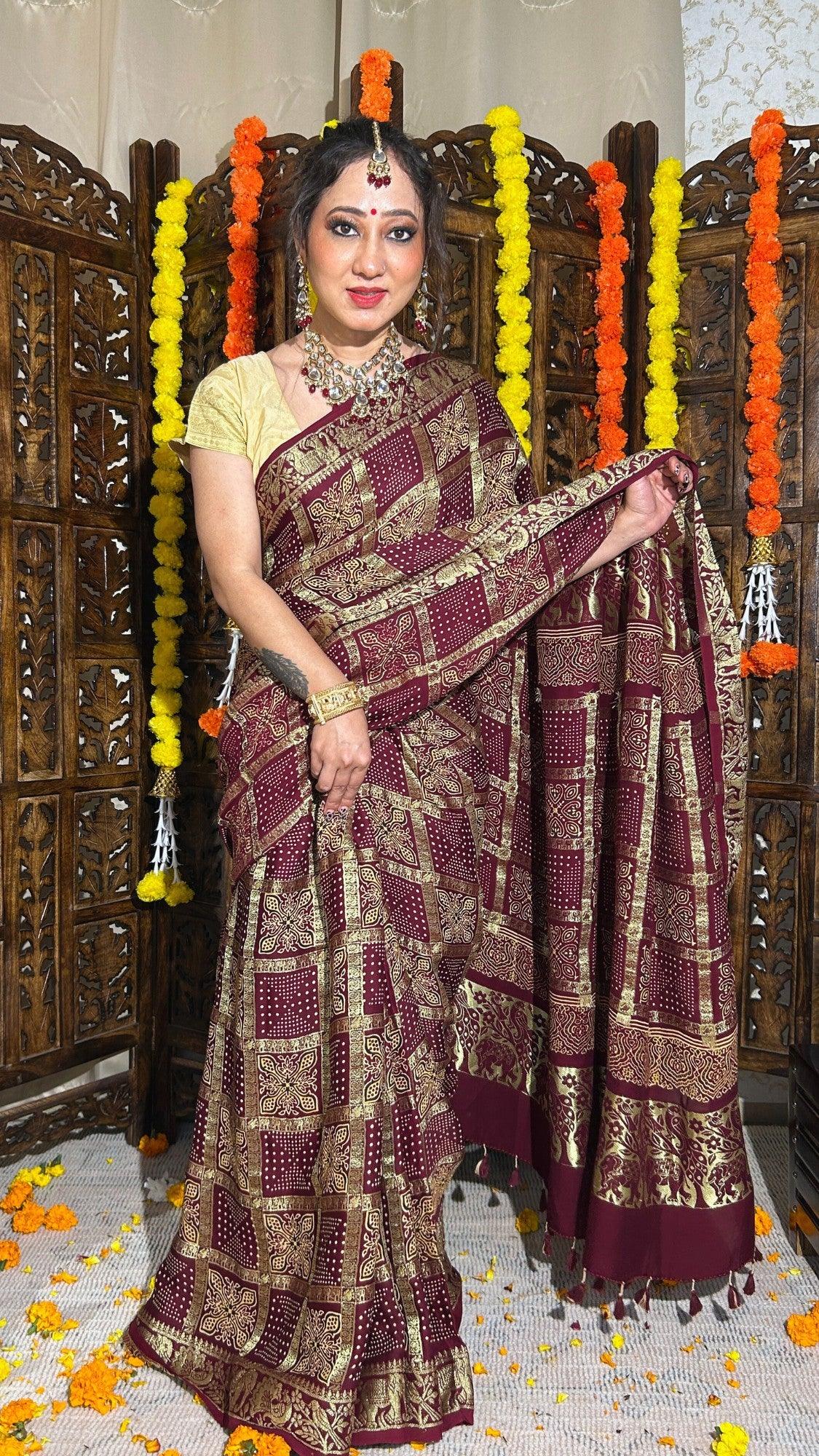 NANDINI - Ajrakh Gharchola Brownish Maroon Gajji Silk Saree - Vasaka Jaipur