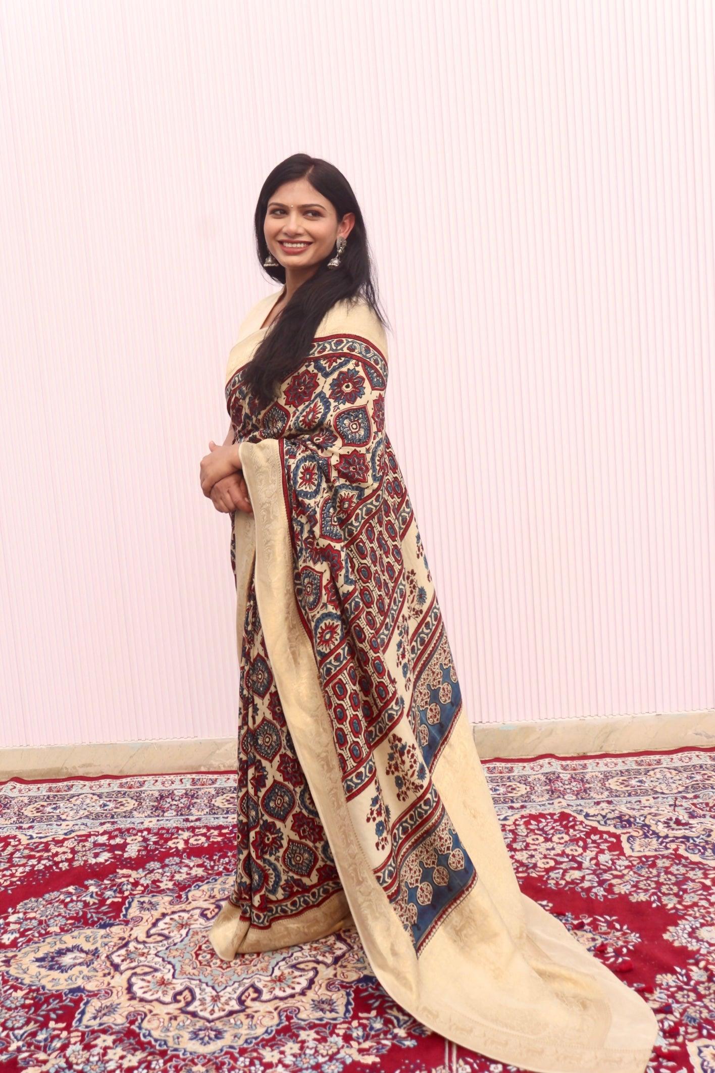 Beige - Designer Ajrakh Handblock Premium Dola Silk Saree - Vasaka Jaipur