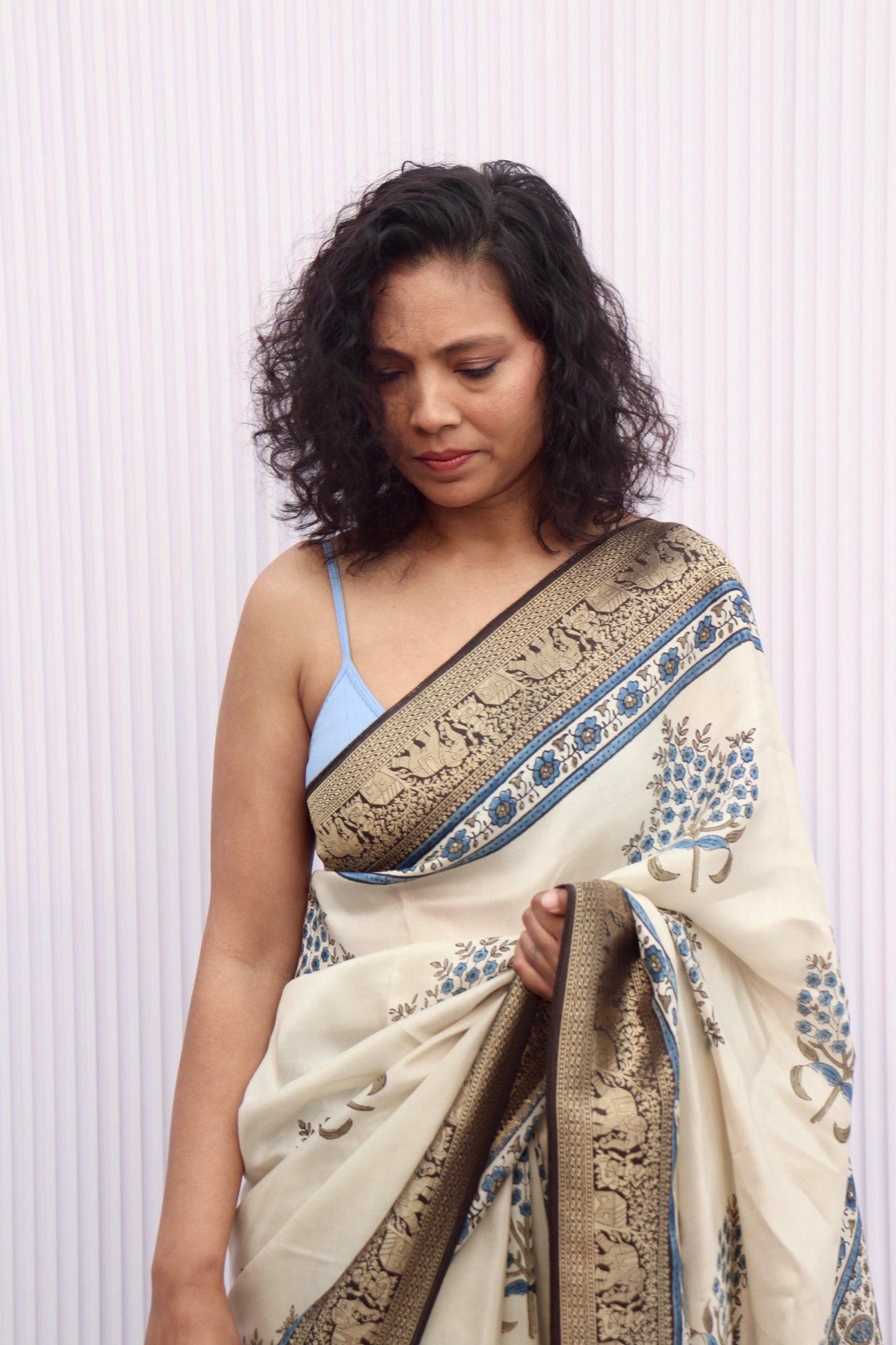 Beige - Designer Ajrakh Handblock Premium Dola Silk Saree - Vasaka Jaipur