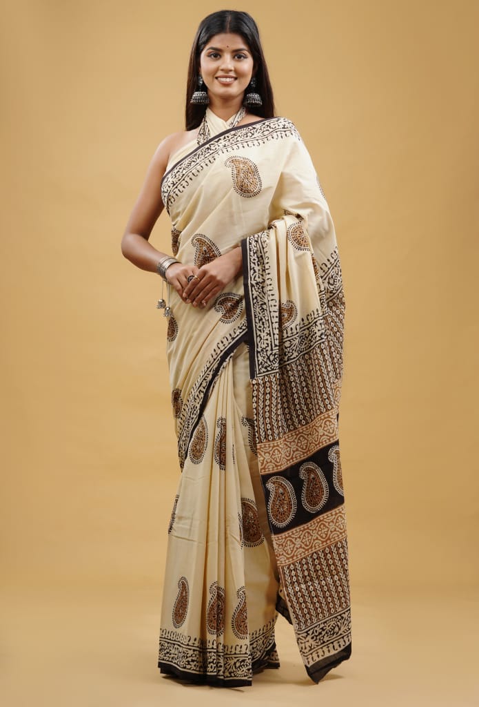 Beige Paisely Hand Block Printed Cotton Saree