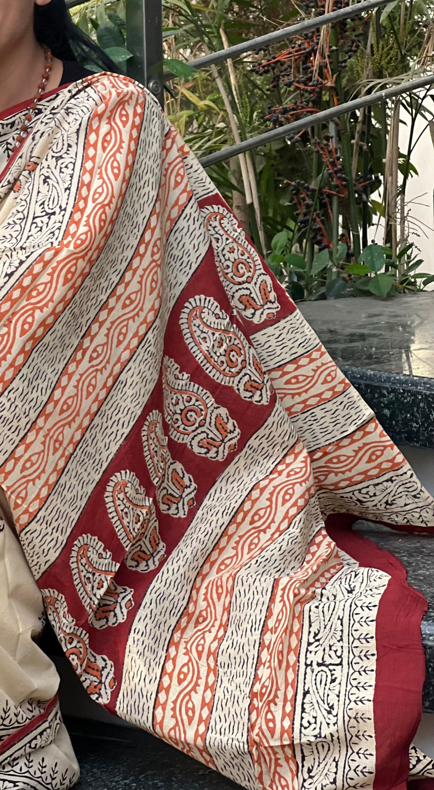 Beige Paisely Hand Block Printed Cotton Saree - Vasaka Jaipur
